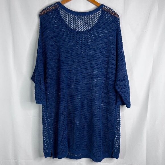 J Jill Blue Linen Blend Open Weave Knit Pullover Drop Sleeve Tunic Top Sz Large - Picture 3 of 11